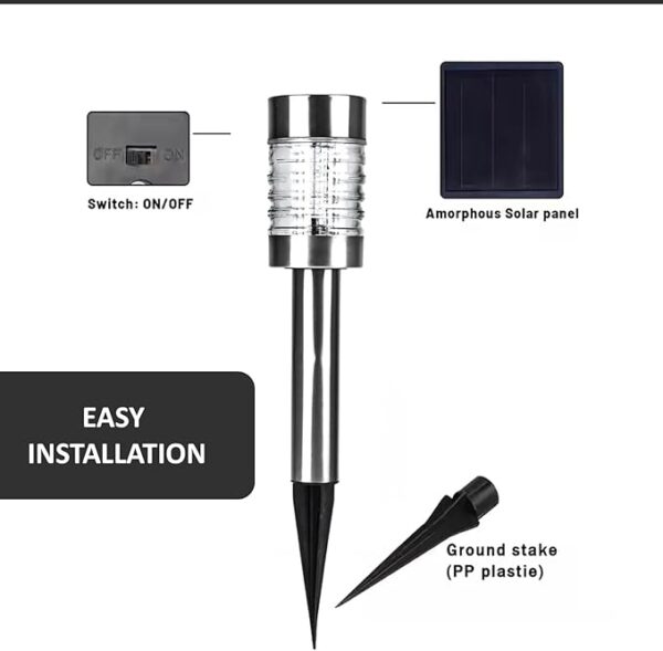 6PCS Solar Bollard Stake Lights – Outdoor LED Garden & Pathway Posts (White Light, Stainless Steel, Waterproof) - Image 6