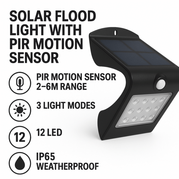 Solar Flood Light with PIR Motion Sensor – 12 LED Outdoor Security Wall Light - Image 2