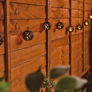 Solar Rattan Ball String Lights with 6 LED Flame Effect Lanterns for Garden and Patio Outdoor Decor